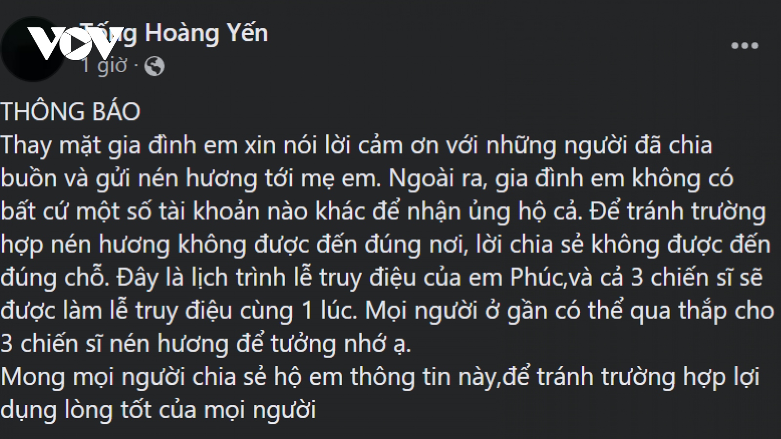 Gia đình 3 chiến sỹ PCCC không kêu gọi xin tiền phúng điếu trên mạng xã hội