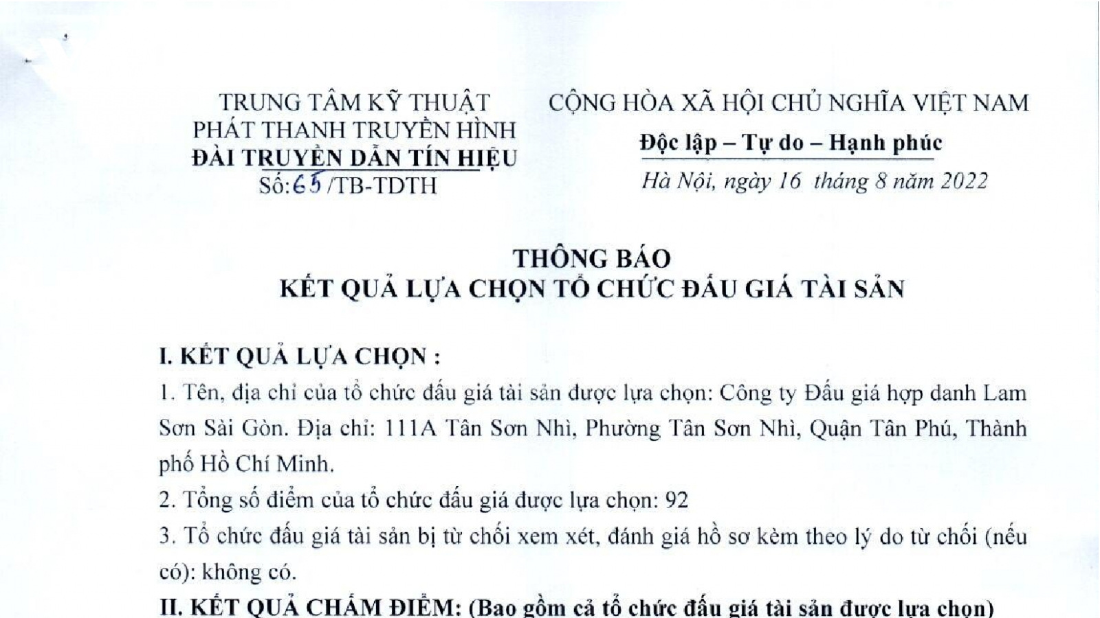 Đài Truyền dẫn tín hiệu công bố kết quả lựa chọn tổ chức đấu giá tài sản