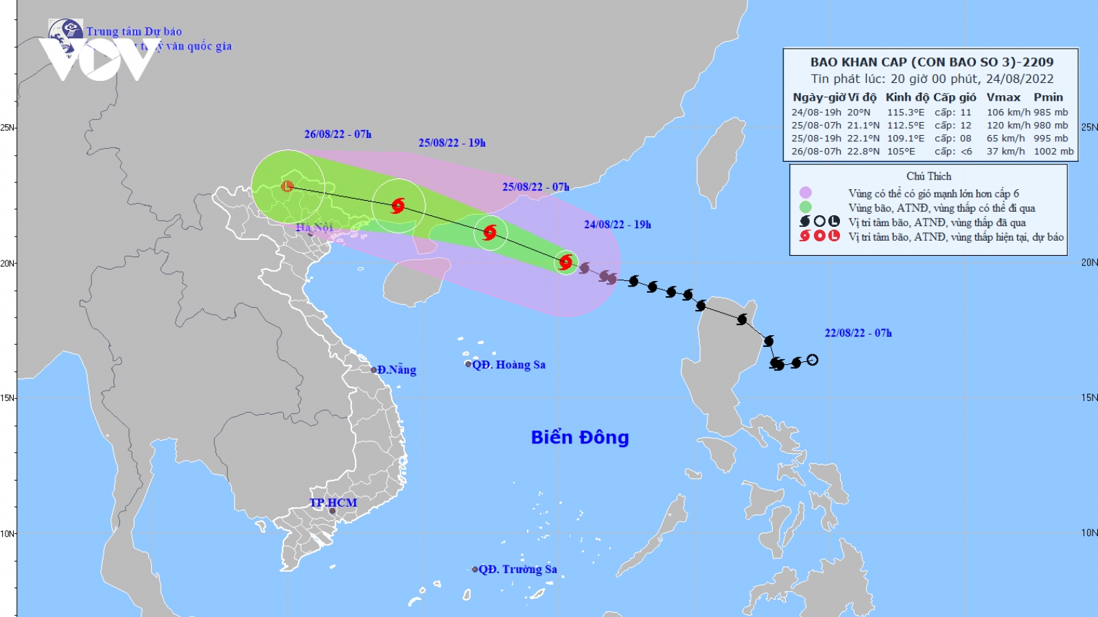 Sáng 25/8, bão số 3 cách Móng Cái khoảng 500km