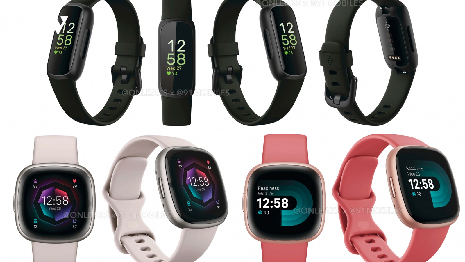 Ảnh đồ họa của thiết bị đeo thông minh Fitbit Sense 2, Inspire 3 và Versa 4