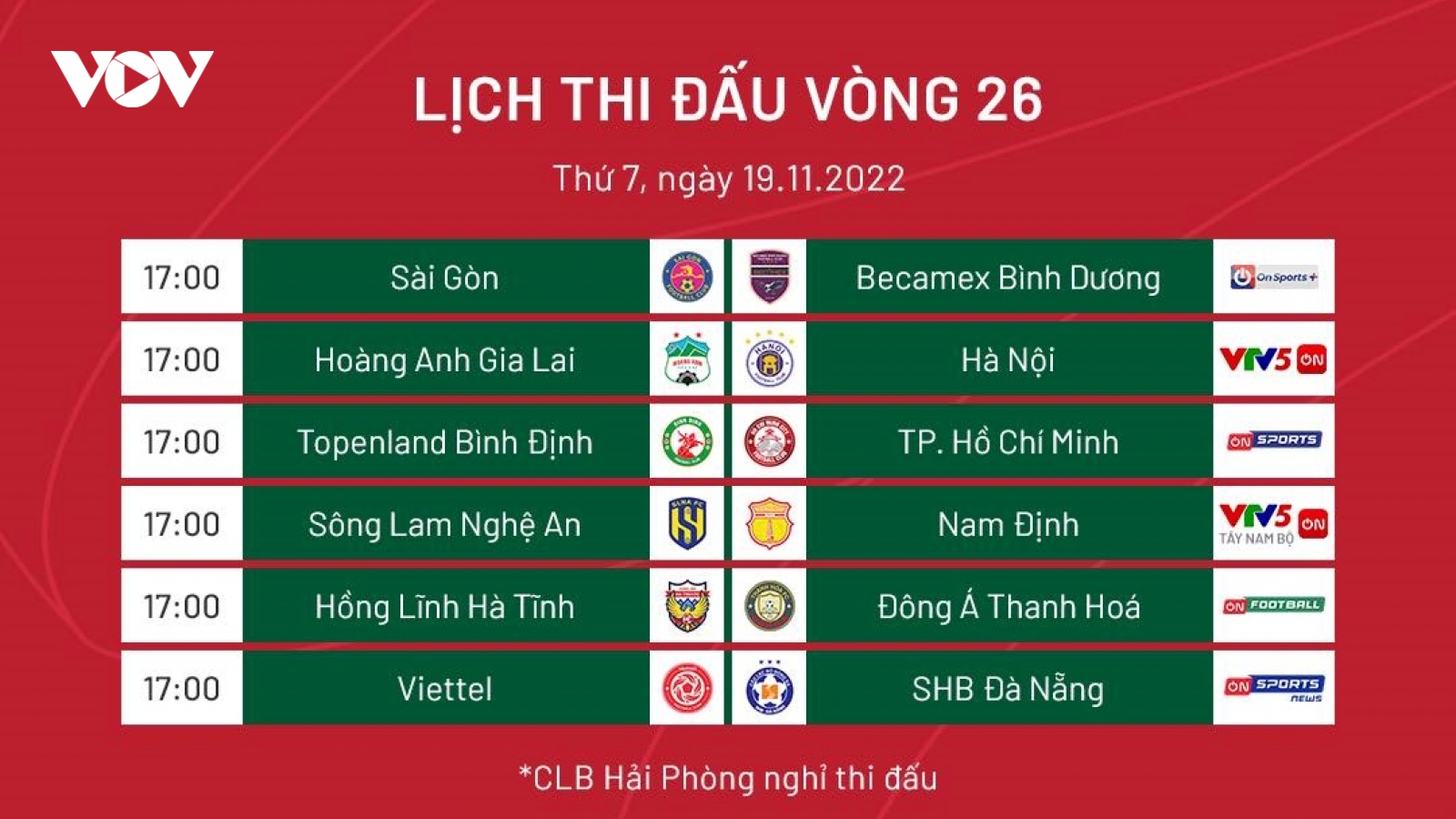 Lịch thi đấu bóng đá hôm nay 19/11: V-League 2022 hạ màn