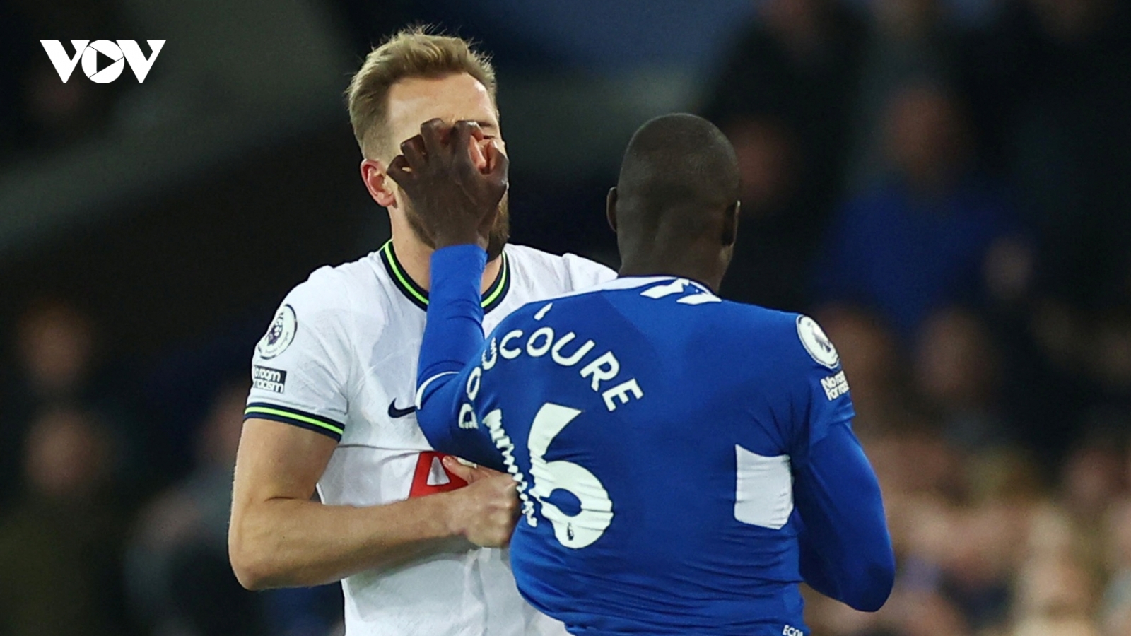 Harry Kane lăn lộn trên sân khi bị cầu thủ Everton cào vào mặt
