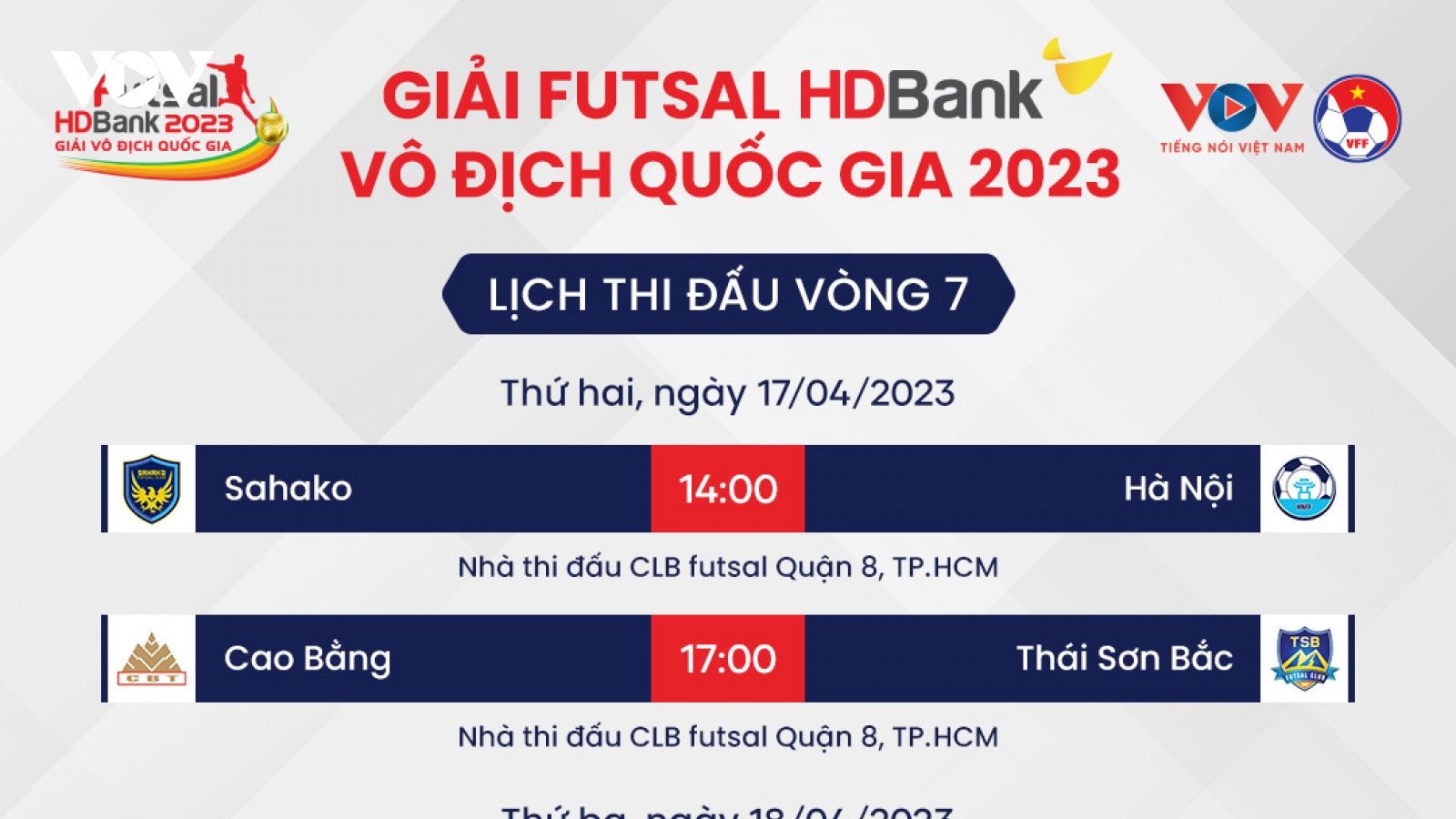 Lịch thi đấu Futsal HDBank VĐQG 2023 hôm nay 17/4: ĐKVĐ so tài với tân binh