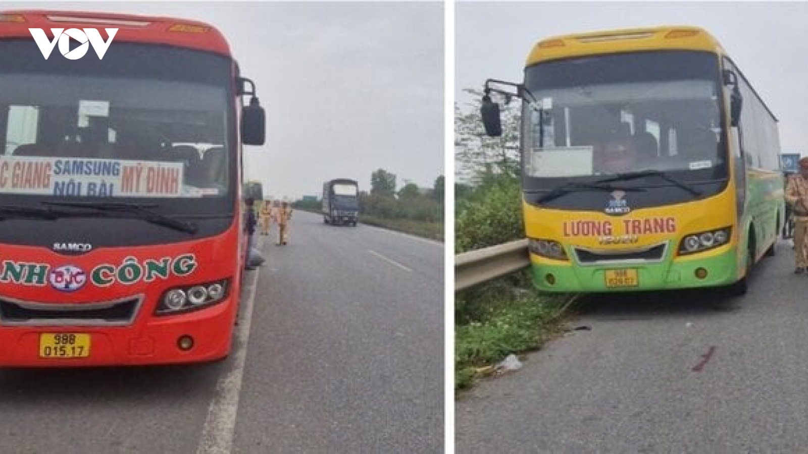 Hai xe khách chèn ép nhau gây náo loạn trên cao tốc Hà Nội - Bắc Giang