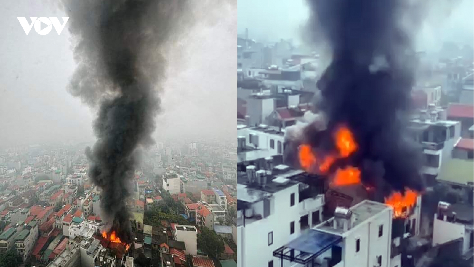Cháy ngùn ngụt trên tầng tum nhà dân ở Long Biên, Hà Nội