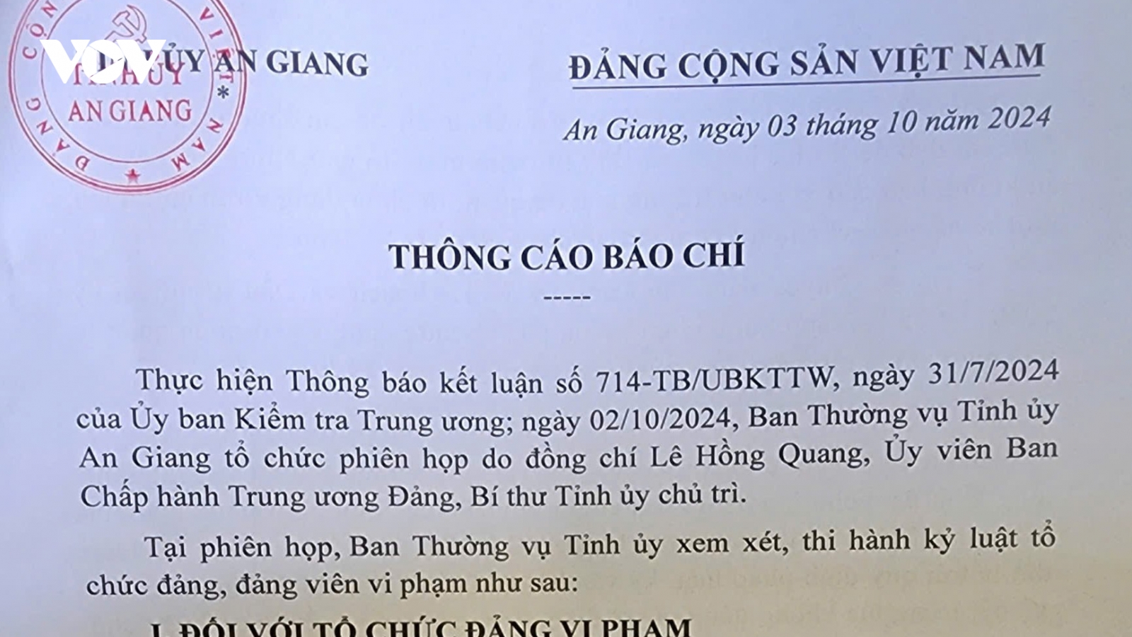 An Giang thi hành kỷ luật nhiều tổ chức đảng và đảng viên vi phạm