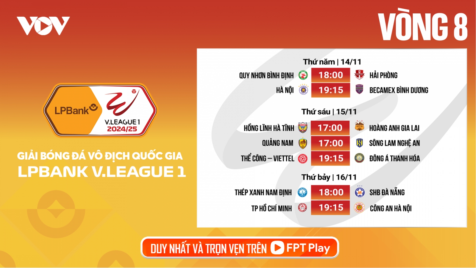Lịch thi đấu và trực tiếp vòng 8 V-League 2024/2025: HAGL gặp “vua hòa”