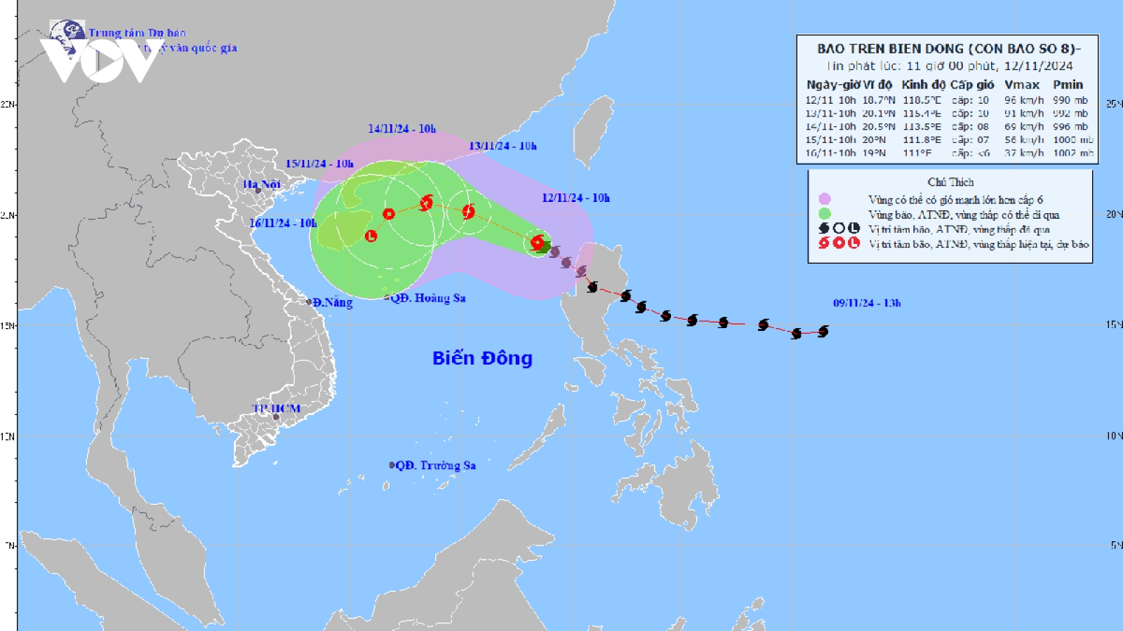 Tâm bão số 8 có sức gió mạnh nhất 102 km/h, giật cấp 12