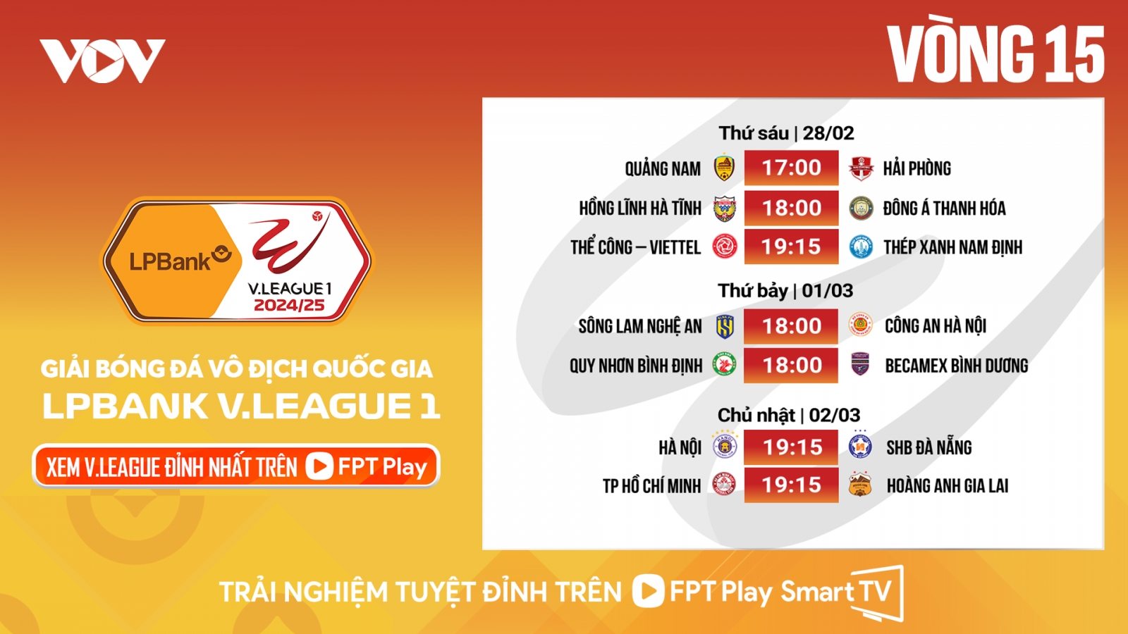 Lịch thi đấu và áp dụng VAR vòng 15 V-League 2024/2025