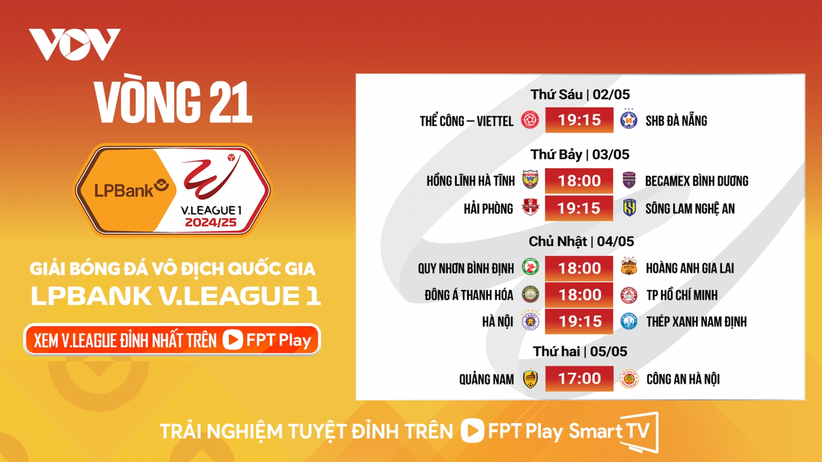 Lịch thi đấu và áp dụng VAR vòng 21 V-League 2024/2025