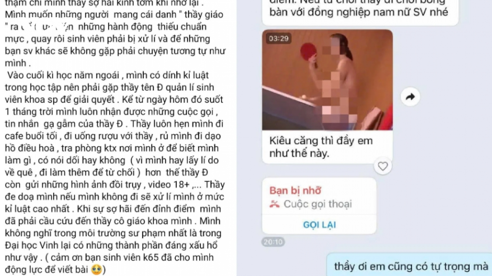 Xác minh thông tin thầy giáo ĐH Vinh bị tố gửi video đồi trụy, gạ gẫm sinh viên