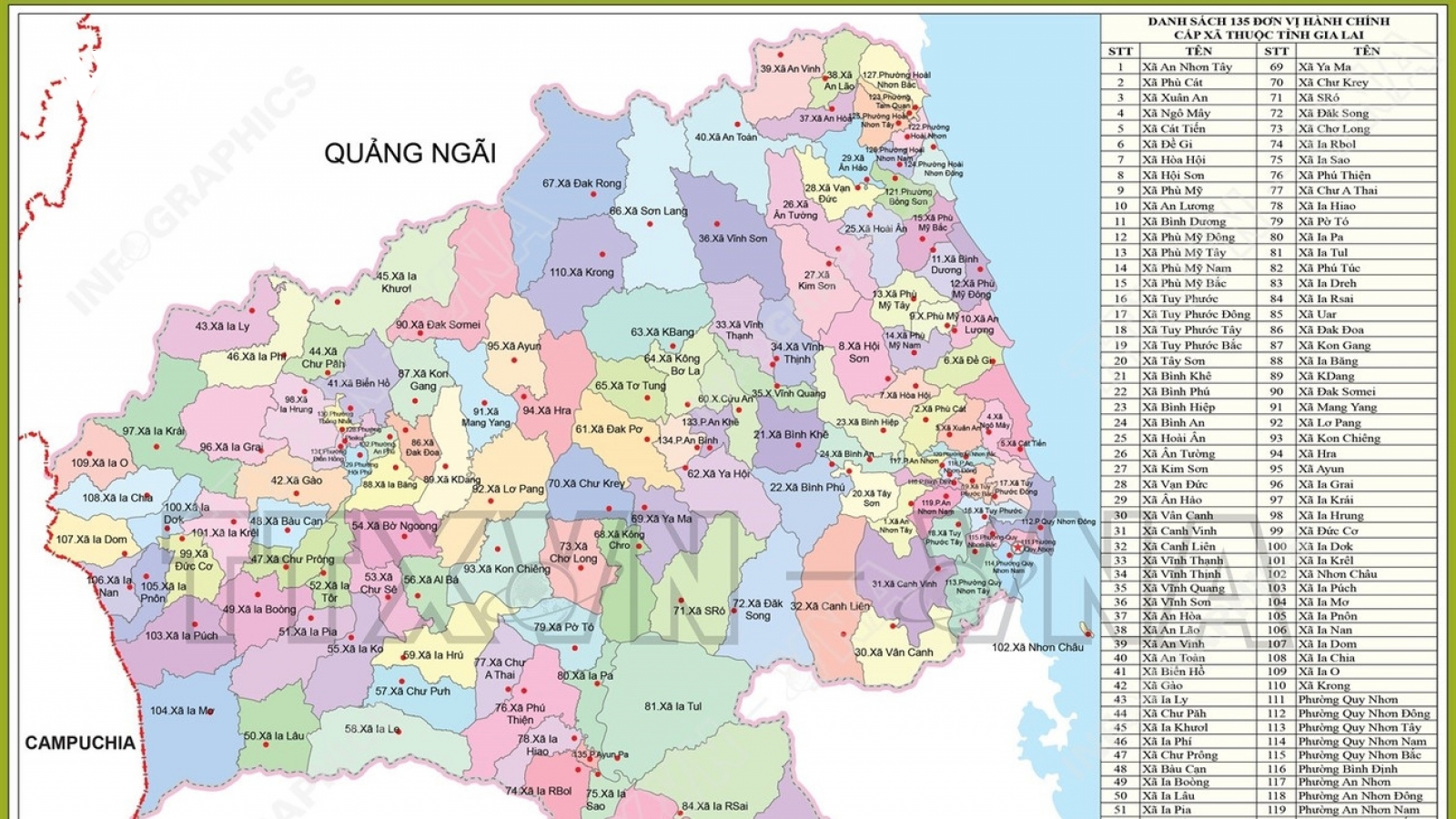 Bản đồ chi tiết 135 đơn vị hành chính cấp xã của Gia Lai từ ngày 16/6/2025