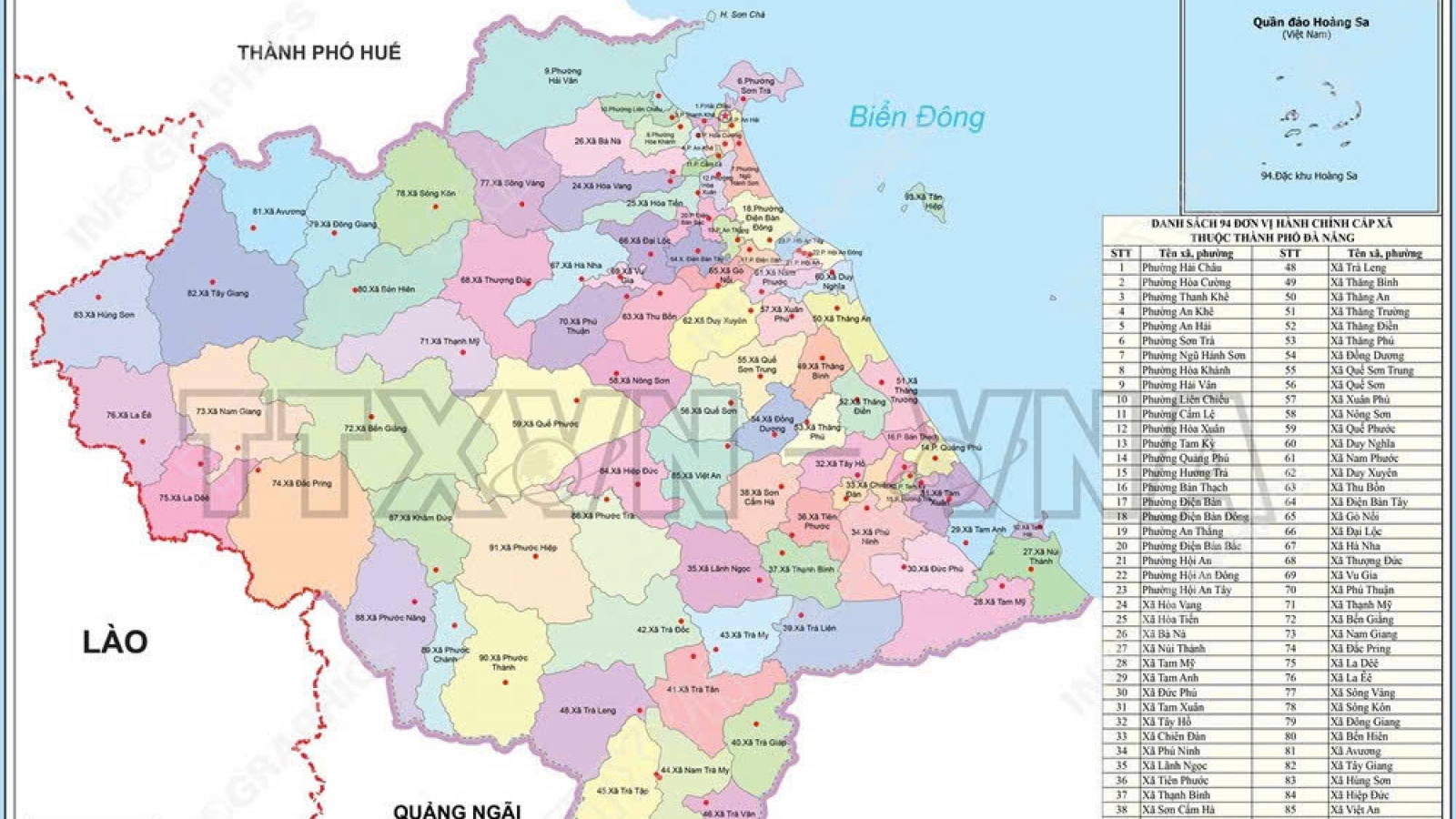 Bản đồ chi tiết 94 đơn vị hành chính cấp xã của TP Đà Nẵng từ ngày 16/6/2025