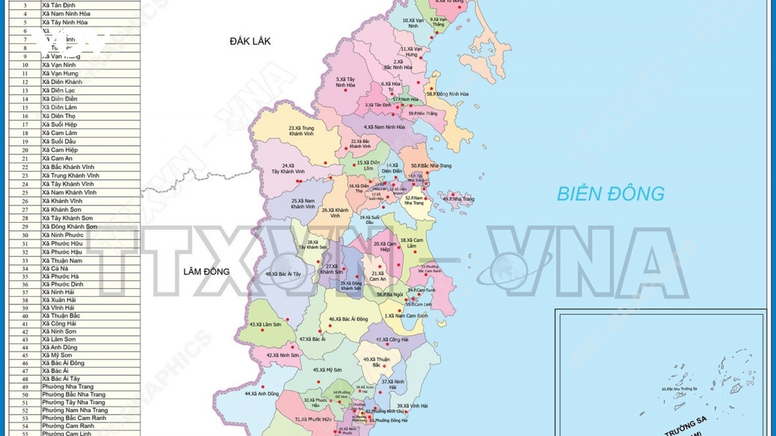 Bản đồ chi tiết 65 đơn vị hành chính cấp xã của Khánh Hòa từ ngày 16/6/2025