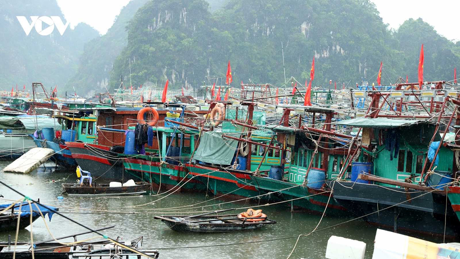 Tàu thuyền tại Quảng Ninh về khu neo đậu, người dân đặt bao nước gia cố mái nhà