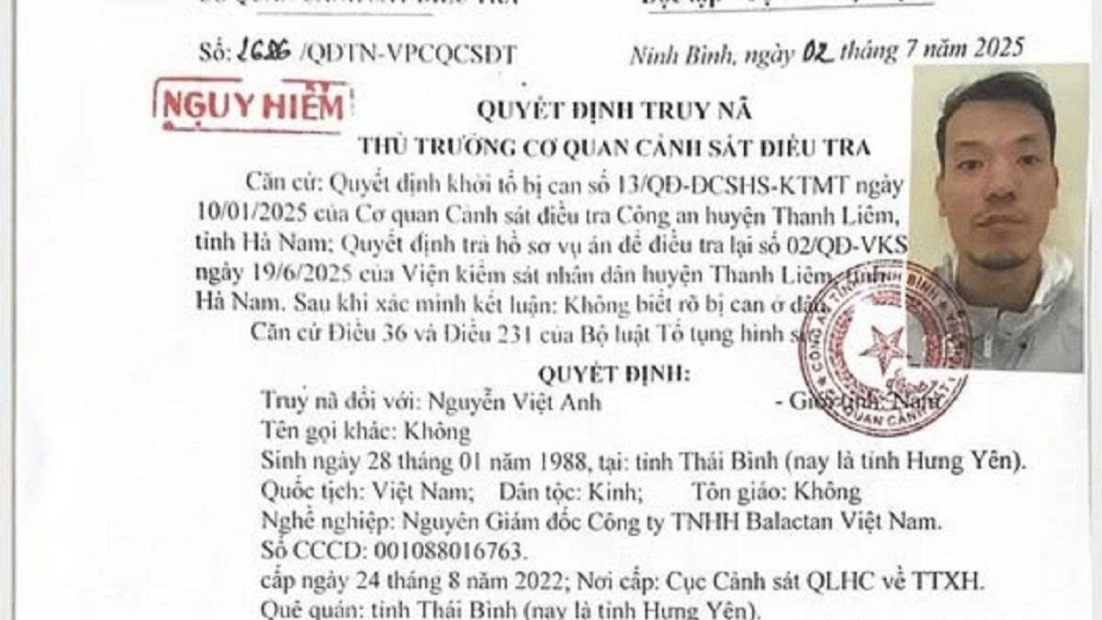 Công an Ninh Bình phát lệnh truy nã Nguyễn Việt Anh