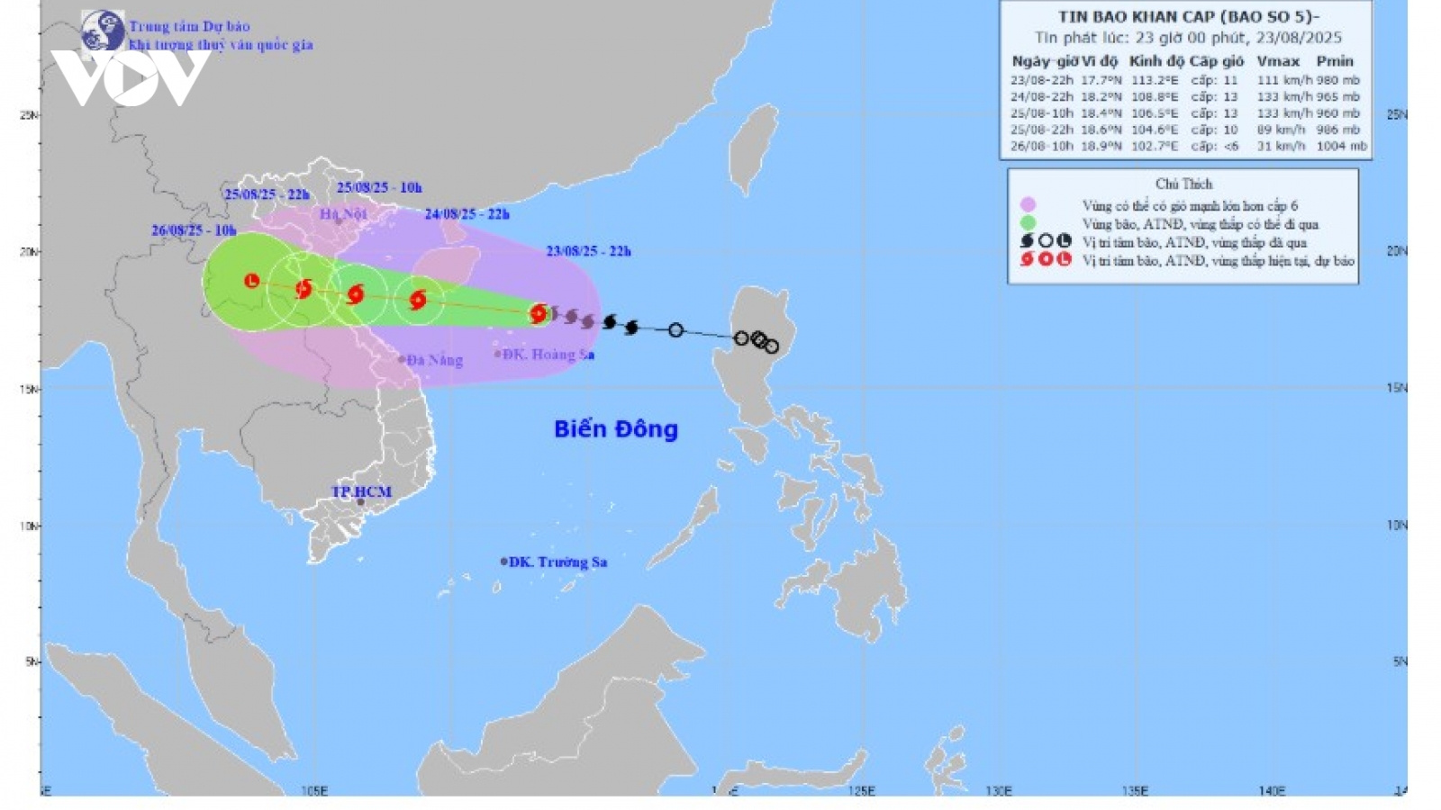 Bão số 5 mạnh cấp 10-11, giật cấp 13, cách đặc khu Hoàng Sa khoảng 165km
