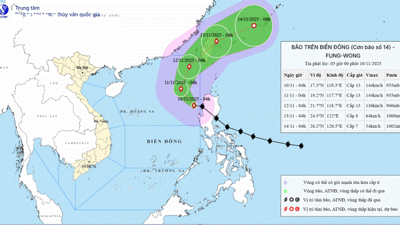 Bão Fung-Wong vào Biển Đông trở thành bão số 14 mạnh cấp 13, giật cấp 16