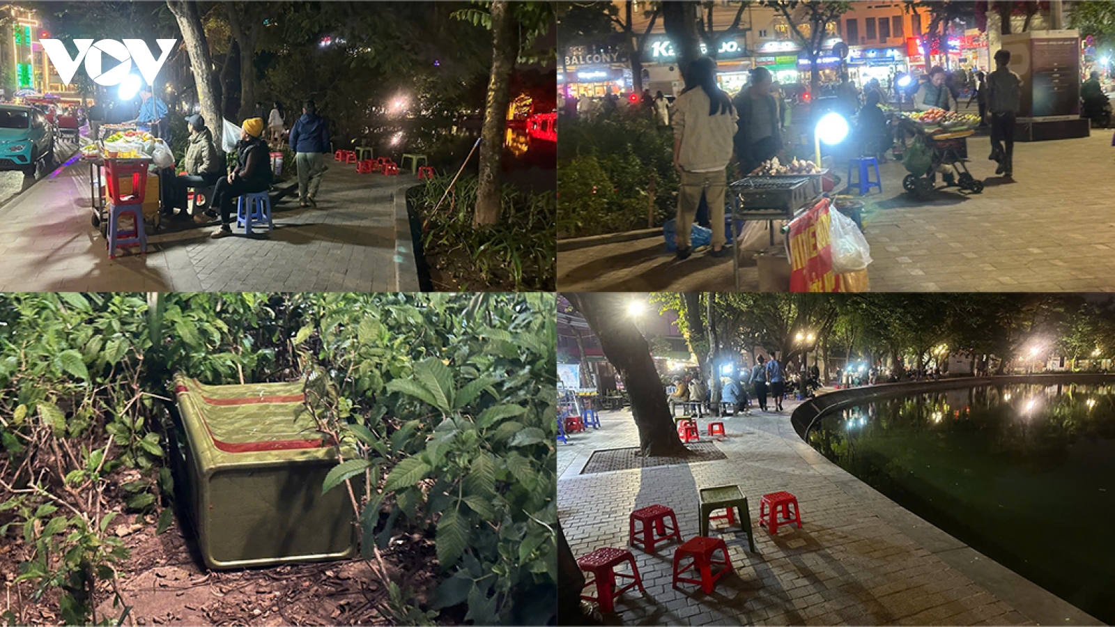 Bờ hồ Hoàn Kiếm về đêm la liệt bàn ghế quán cóc, vỉa hè bị lấn chiếm