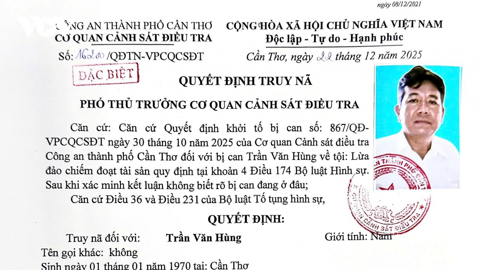 Công an Cần Thơ truy nã đối tượng lừa đảo chiếm đoạt tài sản
