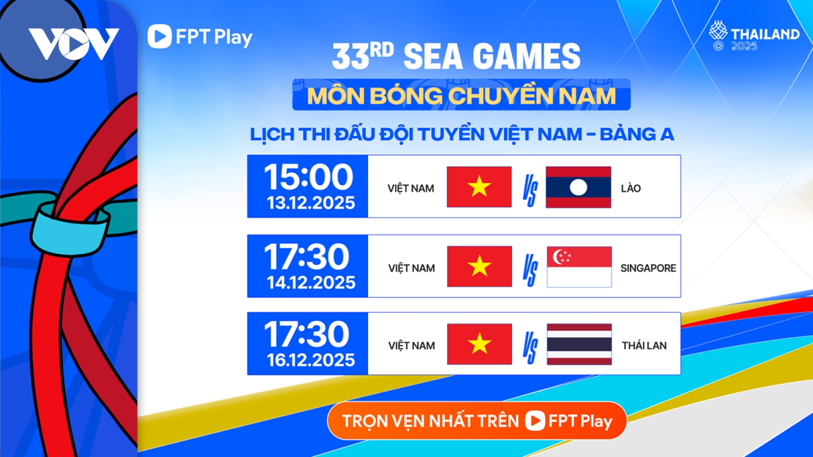Lịch thi đấu và trực tiếp bóng chuyền SEA Games 33 hôm nay 13/12