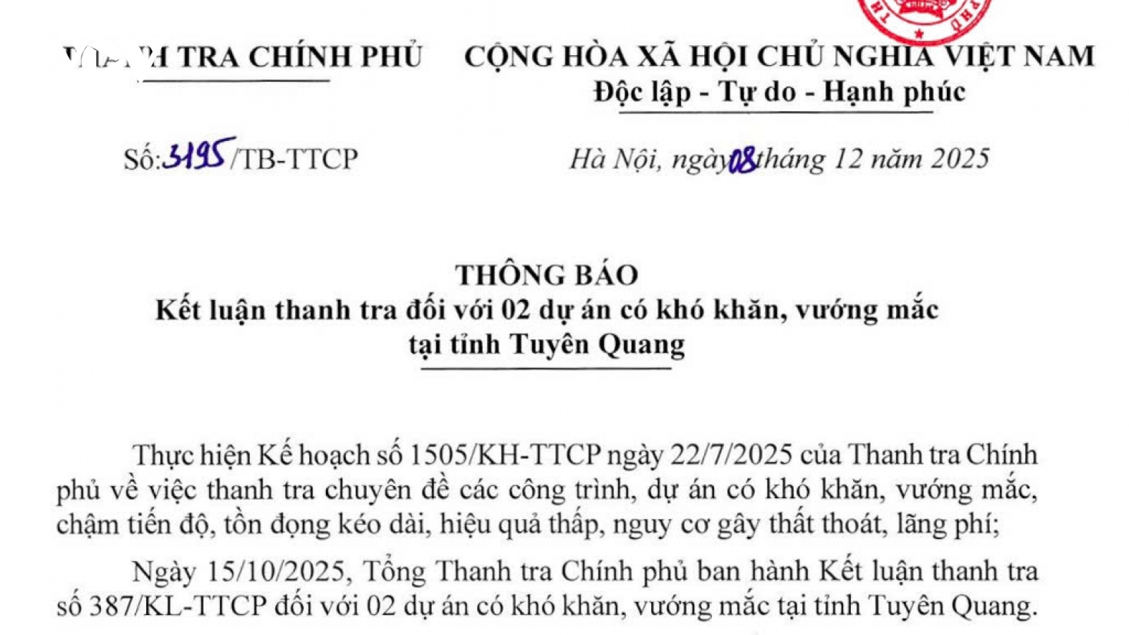 Thanh tra Chính phủ chỉ ra hàng loạt sai sót tại hai dự án nghìn tỷ ở Tuyên Quang
