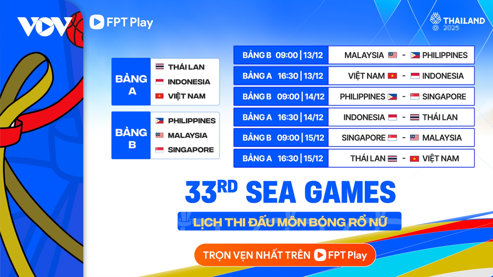 Lịch thi đấu bóng rổ nữ 5x5 SEA Games 33: Việt Nam chạm trán Thái Lan