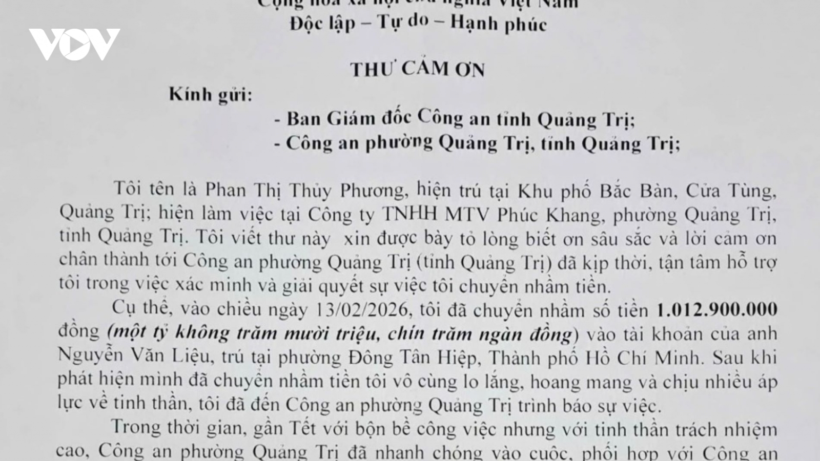 Công an Quảng Trị giúp người dân nhận lại hơn 1 tỷ đồng chuyển nhầm