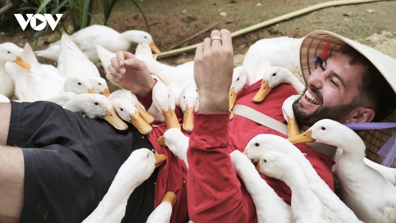 Du khách nước ngoài thích thú trải nghiệm du lịch nuôi vịt, chăn trâu, câu cá