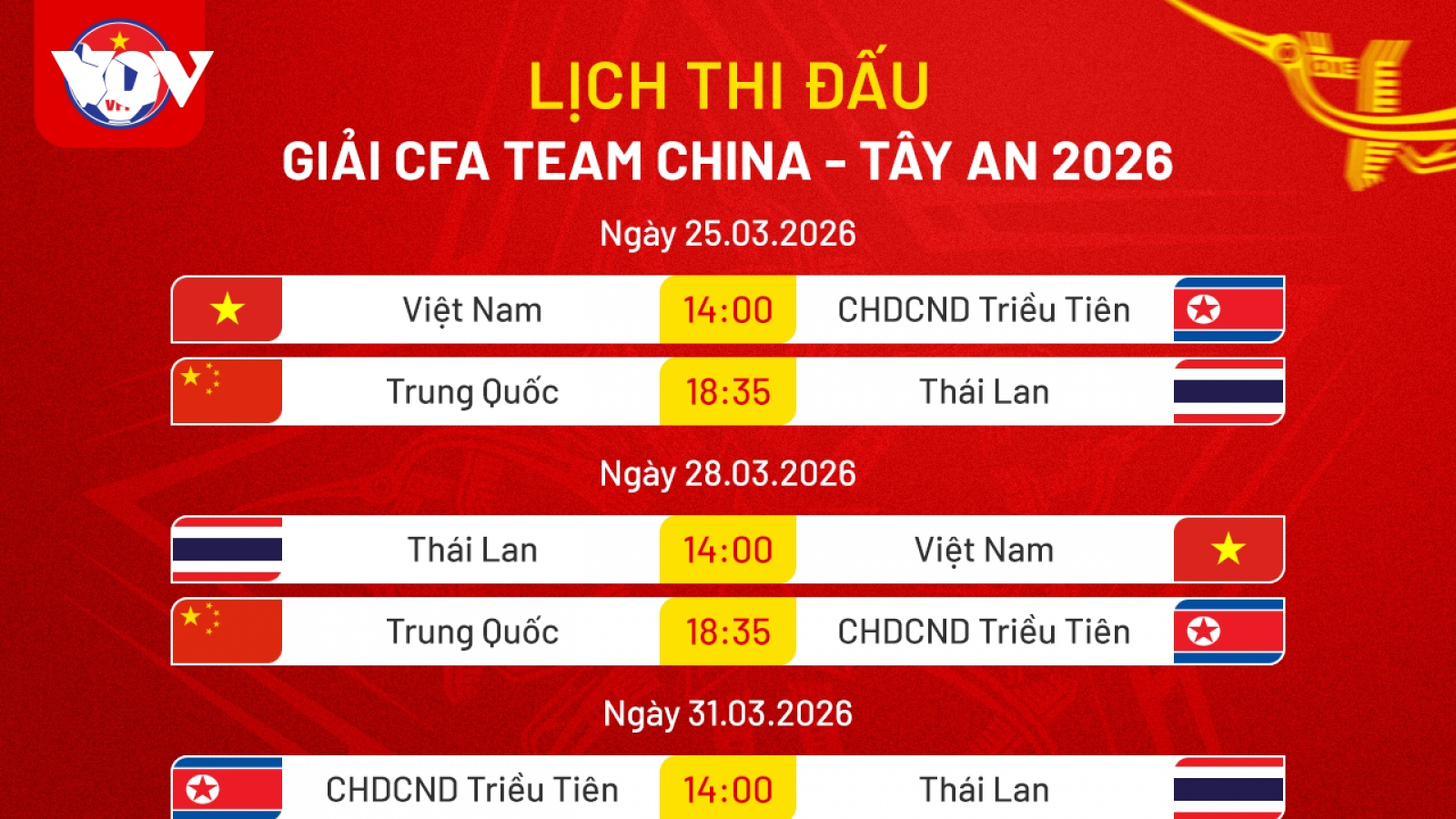 Lịch thi đấu CFA Team China 2026: U23 Việt Nam muốn gây bất ngờ