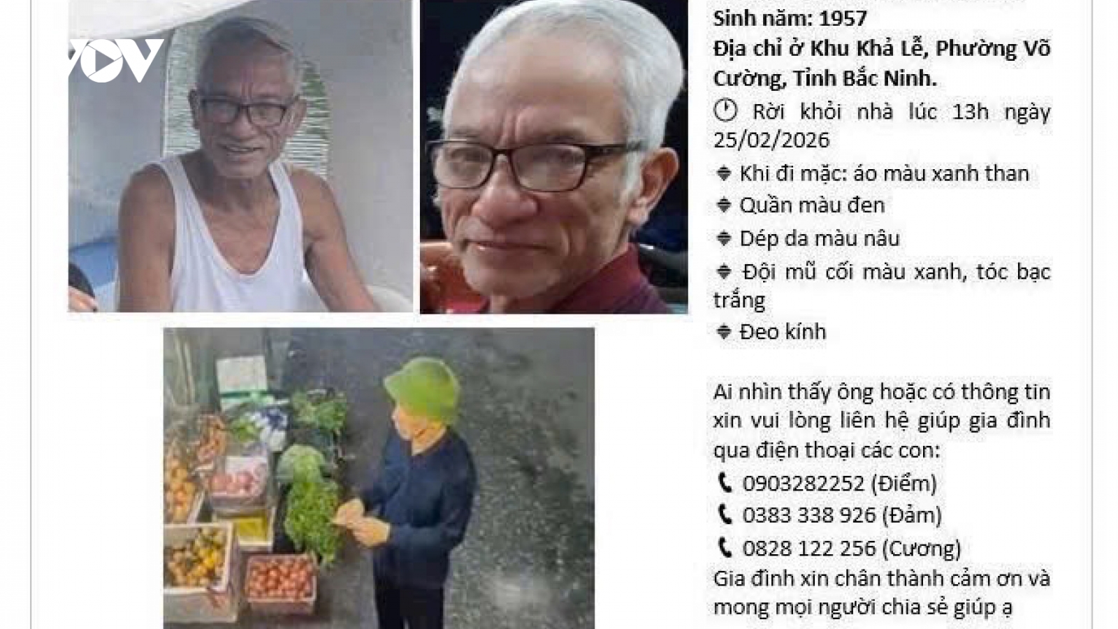 Gia đình tìm ông Nguyễn Đức Kiểm ở Bắc Ninh đi lạc