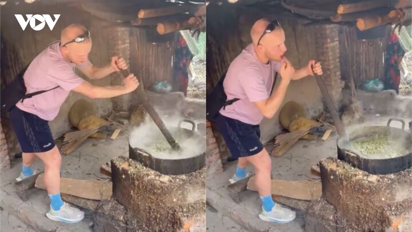 Clip khách Tây nấu nồi cám lợn to đùng ở Hà Giang, vừa khuấy vừa quệt tay nếm thử