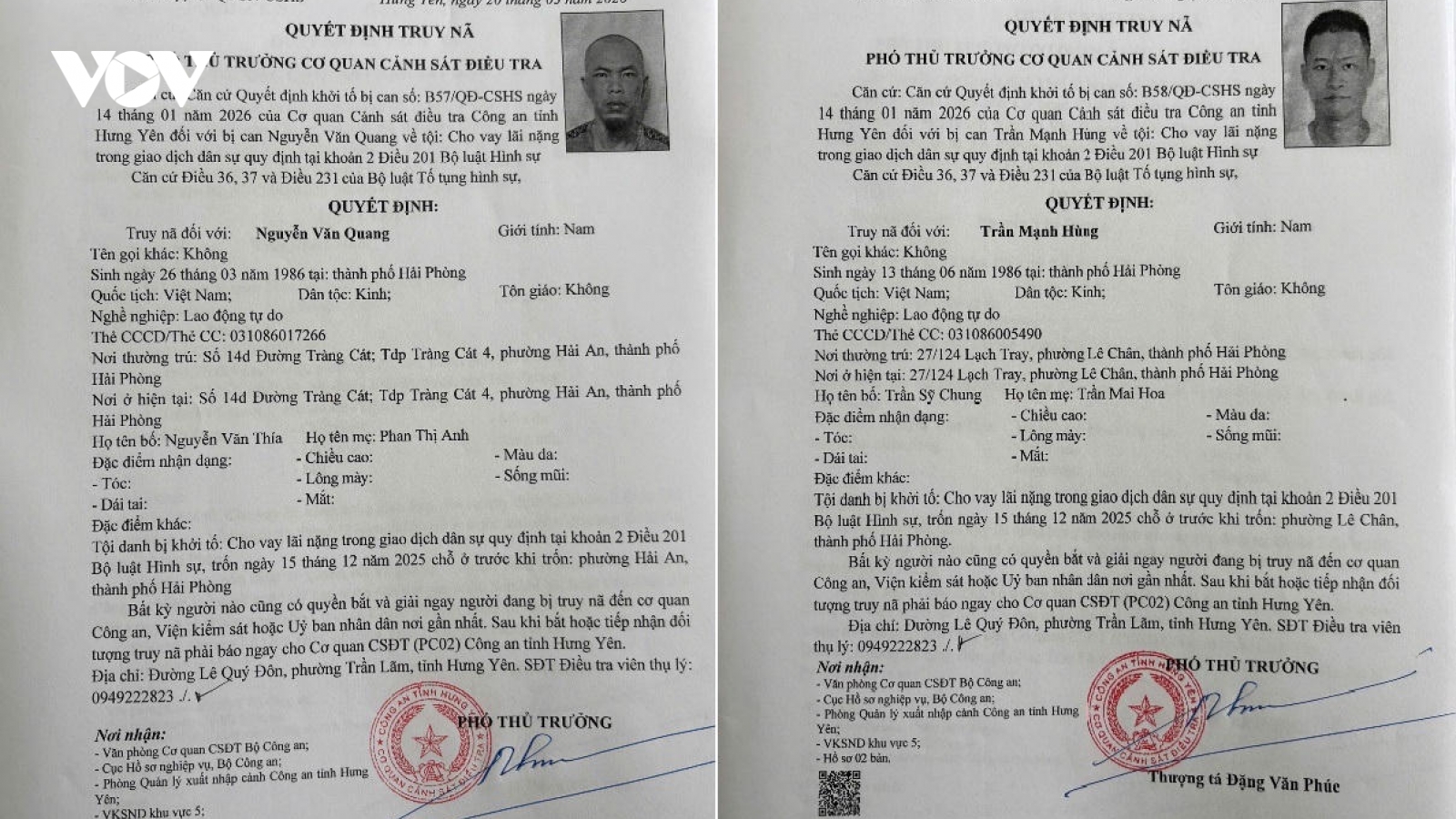 Công an tỉnh Hưng Yên kêu gọi 2 đối tượng truy nã ra đầu thú