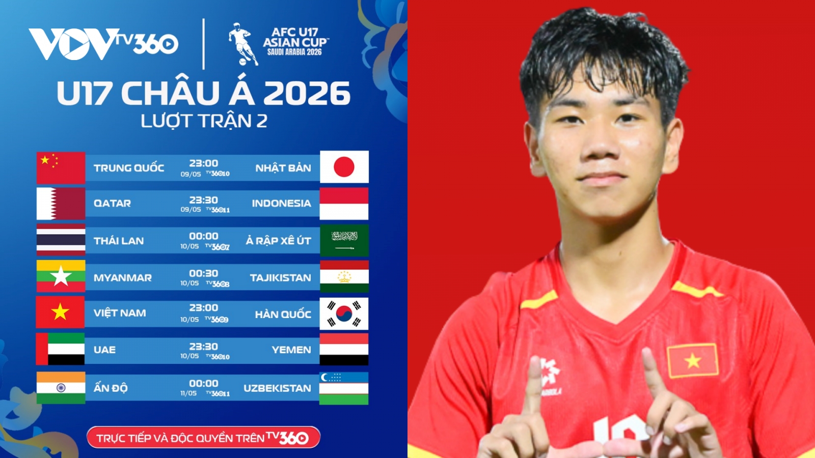 Lịch thi đấu U17 châu Á 2026 lượt trận 2: U17 Việt Nam so tài U17 Hàn Quốc