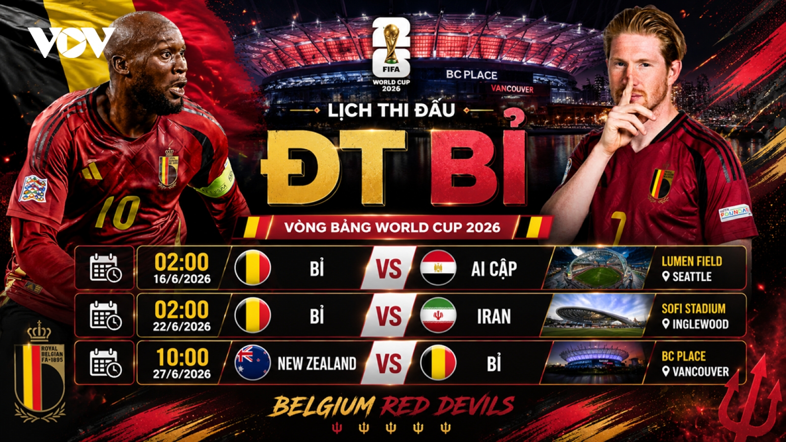 Lịch thi đấu World Cup 2026 của ĐT Bỉ: Cơ hội cuối cho Lukaku và De Bruyne?