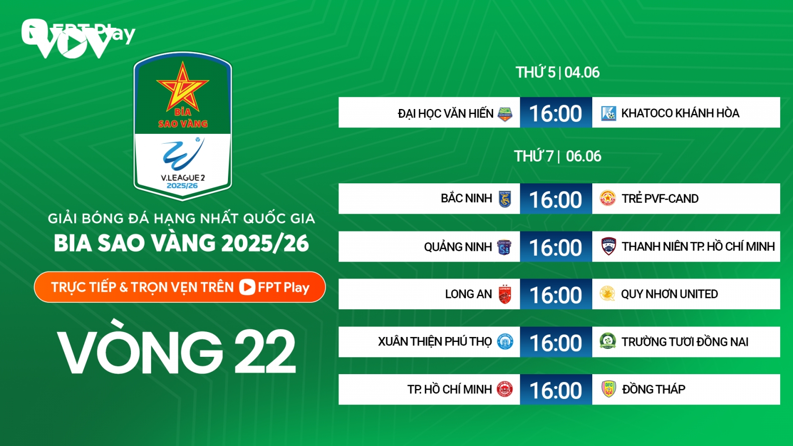 Lịch thi đấu vòng 22 Giải Hạng nhất Quốc gia 2025/2026