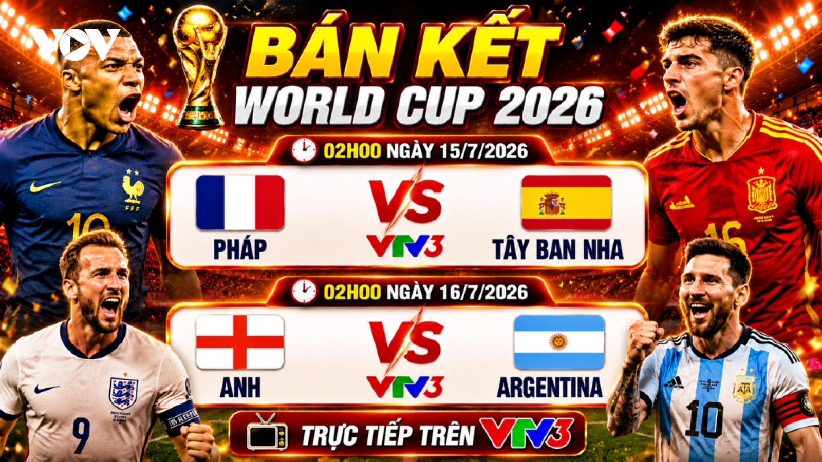 Bán kết World Cup 2026: Pháp đại chiến Tây Ban Nha, Argentina tái ngộ Anh