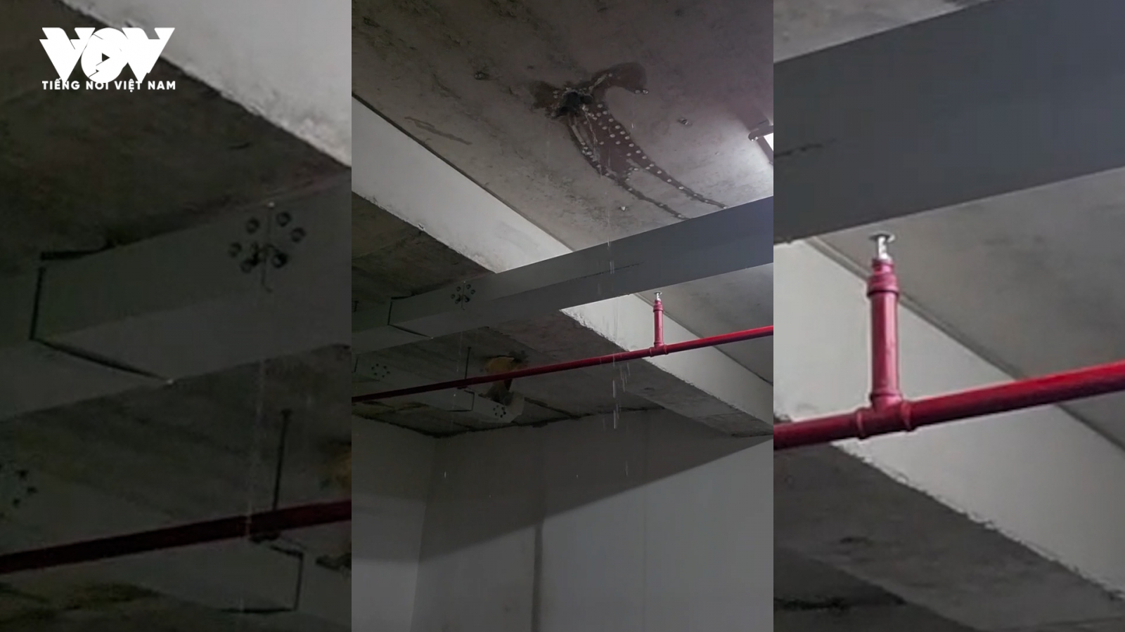 Nước rỉ qua trần hầm B2 Stown Tham Lương sau mưa lớn, cư dân lo lắng
