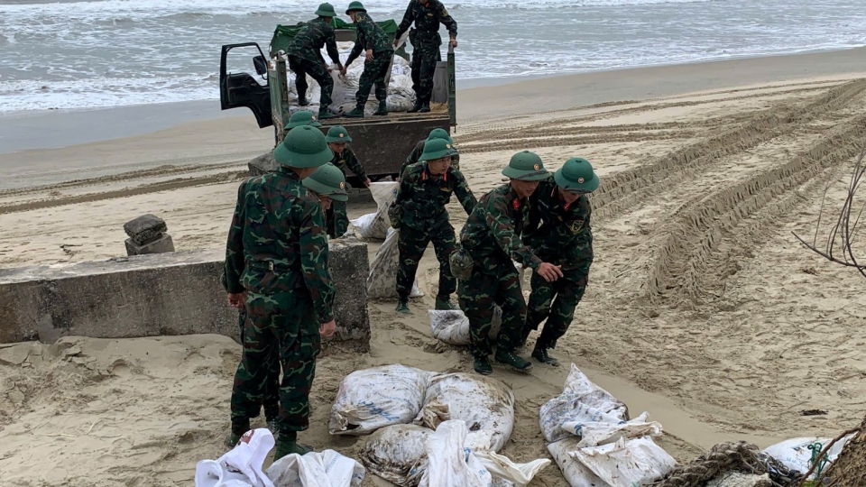 Lực lượng bộ đội vận chuyển lượng dầu thu gom được để đưa đi xử lý.jpg