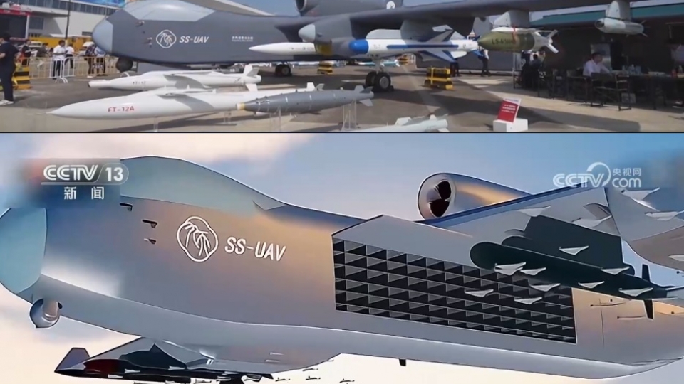 UAV Trung Quoc co lon, uav hang nang, UAV quan su trung quoc, uav cuu thien, vu khi Trung Quoc, UAV vu trang, gan ten lua, tau san bay UAV -cctv.jpg