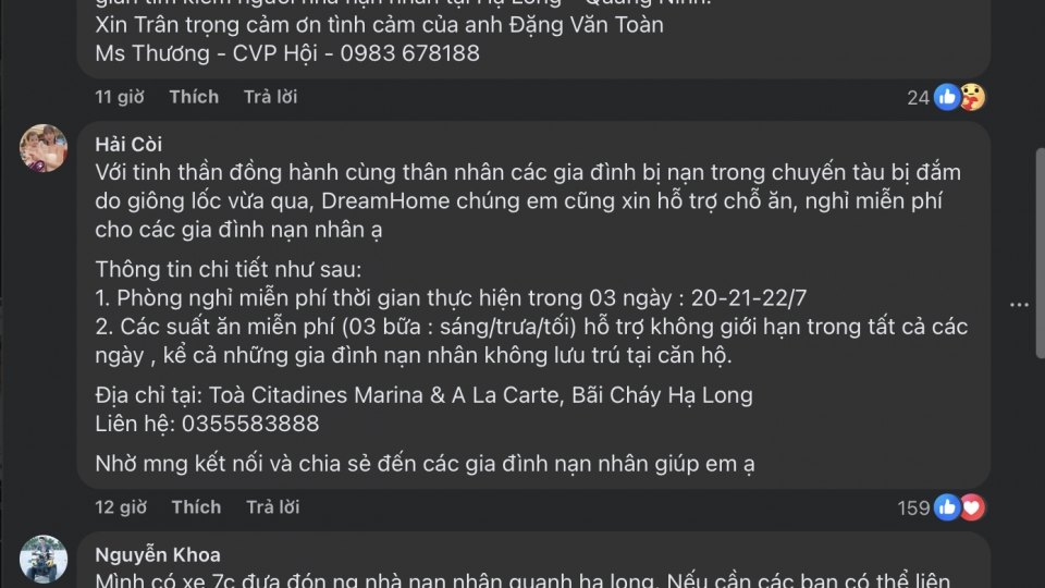 Khách sạn, người dân Quảng Ninh hỗ trợ miễn phí gia đình các nạn nhân vụ lật tàu