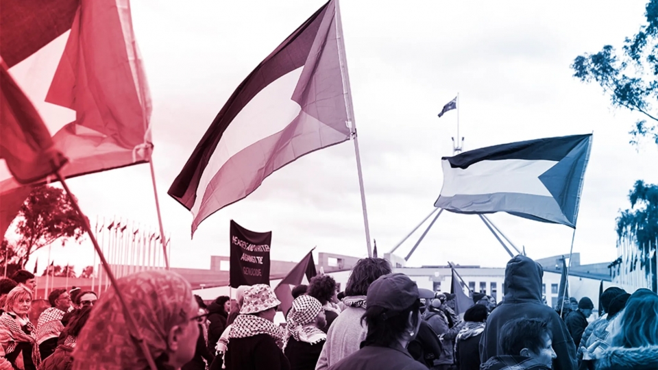 Tuần hành kêu gọi chính phủ ủng hộ Palestine trước tòa nhà Quốc hội Australia. Nguồn_ Alex Ellinghausen.jpg