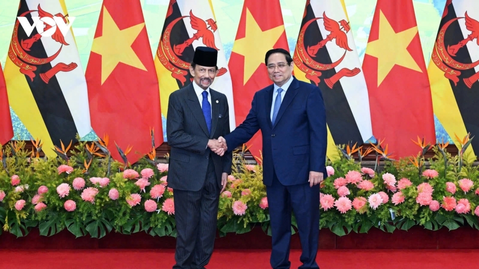 Vietnamese Prime Minister Pham Minh Chinh and Brunei Sultan Hassanal Bolkiah in Hanoi on December 1.jpg