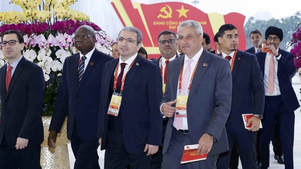 Azerbaijan Ambassador Shovgi Mehdizade (third from right, first row) among foreign diplomats at the opening ceremony of Vietnam's 14 National Party Congress.jpg