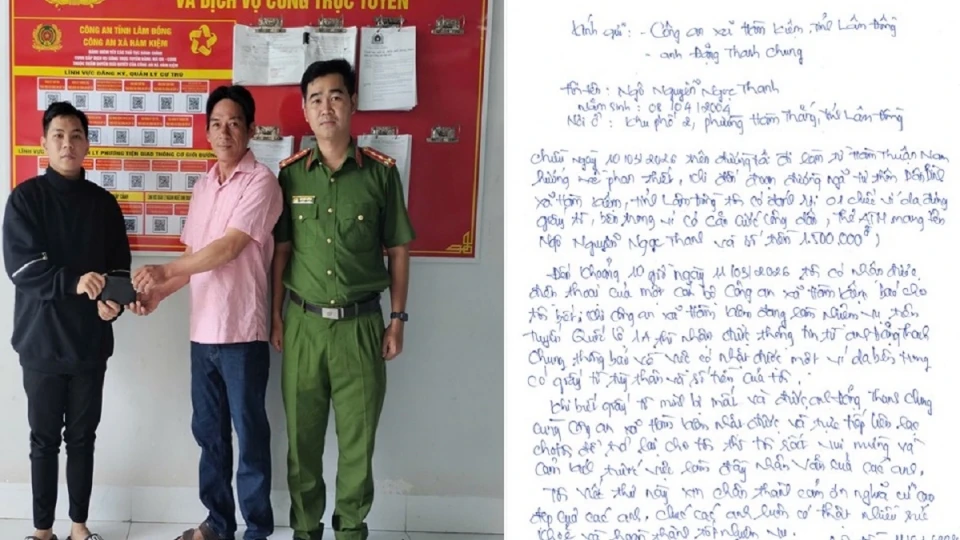 Hình ảnh trả lại tài sản cho người bị đánh mất và thư cảm ơn Công an xã Hàm Kiệm.jpg