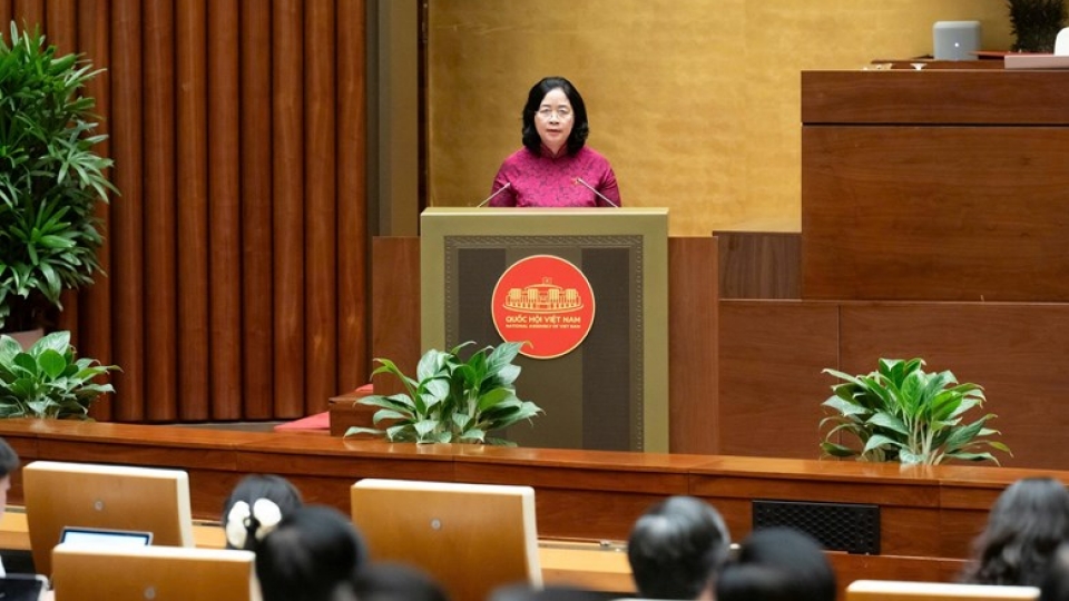 Bui Thi Minh Hoai trinh bay bao cao kien nghi cu tri gui den ky hop thu nhat quoc hoi.jpg