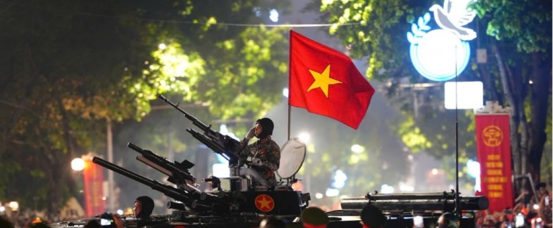 Close-up of military hardware at state-level parade rehearsal for National Day
