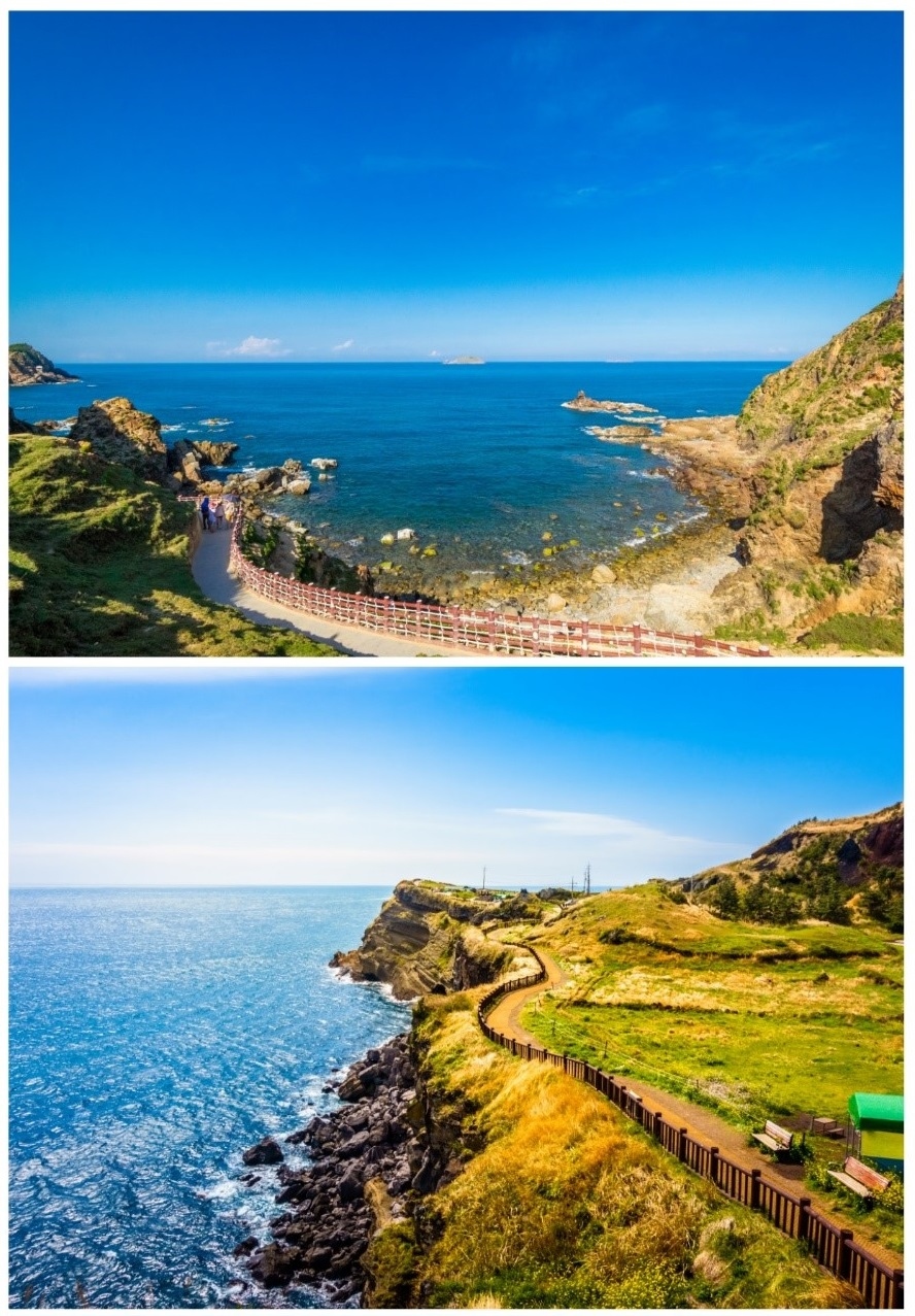 Con đường đi bộ ven biển ở Eo Gió (trên) và đảo Jeju, Hàn Quốc (dưới)