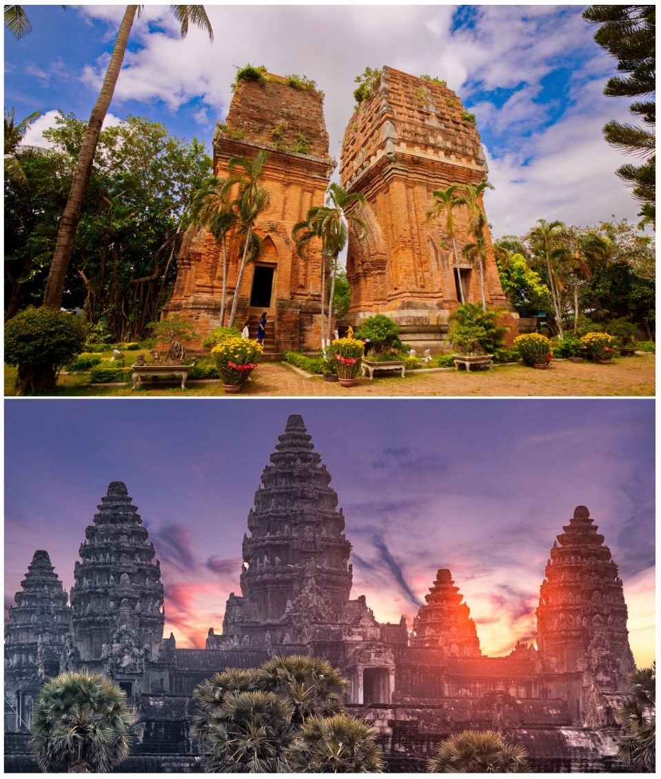  Tháp đôi Quy Nhơn (trên) và Angkor Wat, Campuchia (dưới)
