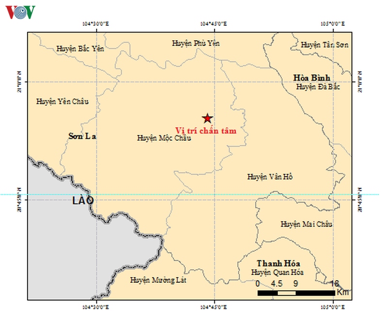 Khu vực xảy ra 2 trận động đất sáng nay 28-7 tại huyện Mộc Châu, tỉnh Sơn La (Ảnh Viện Vật lý địa cầu).